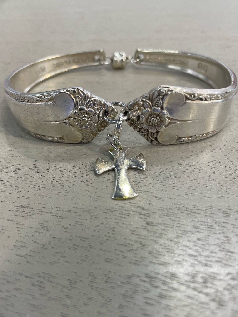 Vintage 1953 Heritage Spoon Bracelet Cross Charm Upcycled Silverplate Cuff